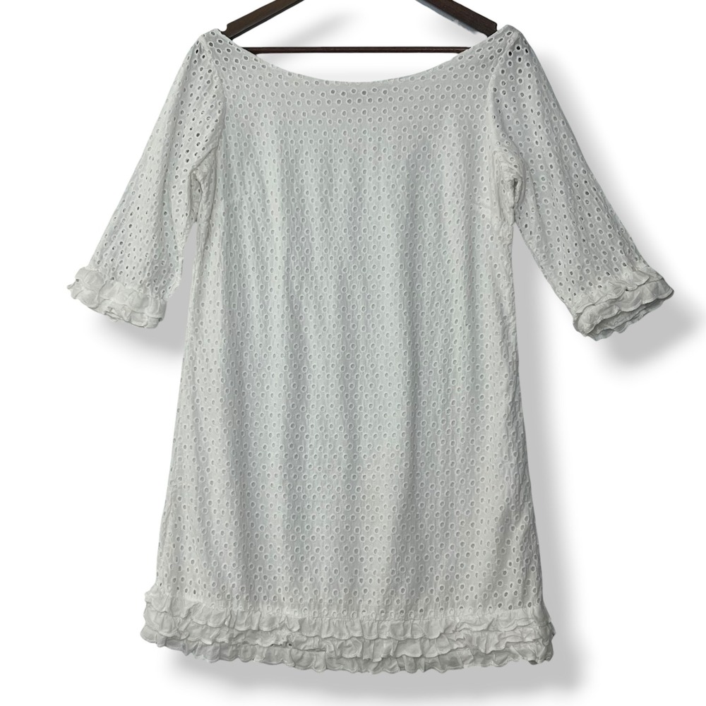 Gretchen Scott Shift Dress S White Eyelet Ruffle 100% Cotton Ethereal Cottage